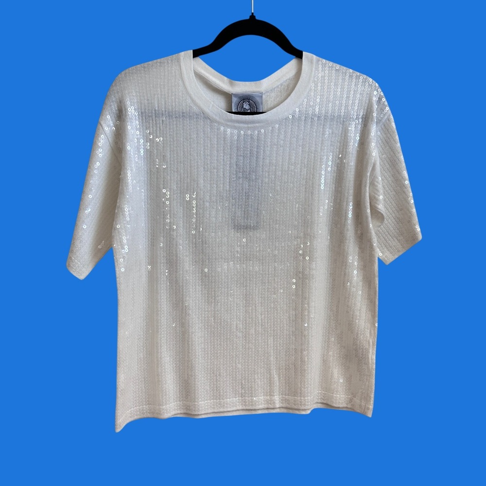 Happy Sheep White Sequin Cotton Knit Short Sleeve Designed in Italy NWT
small